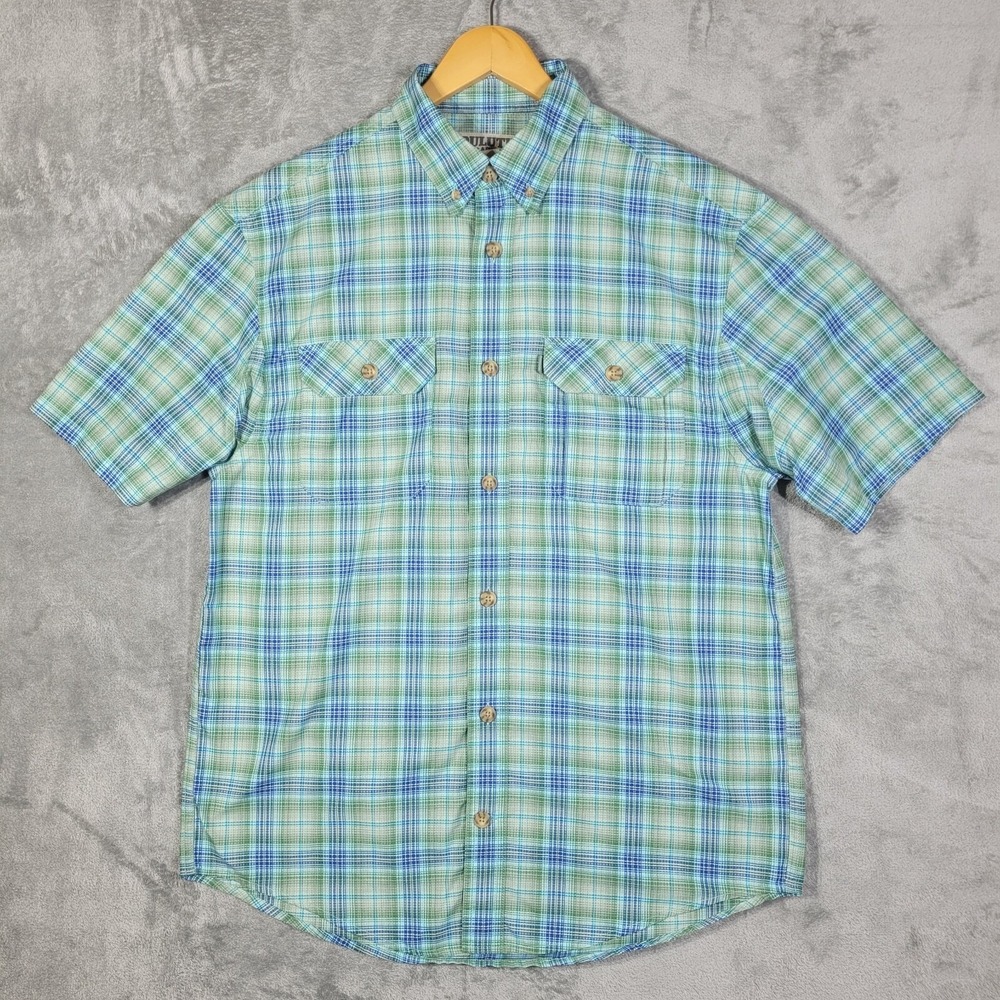 Duluth Trading Shirt Mens Medium Green Blue Plaid Coolplus Fishing Mesh Vented